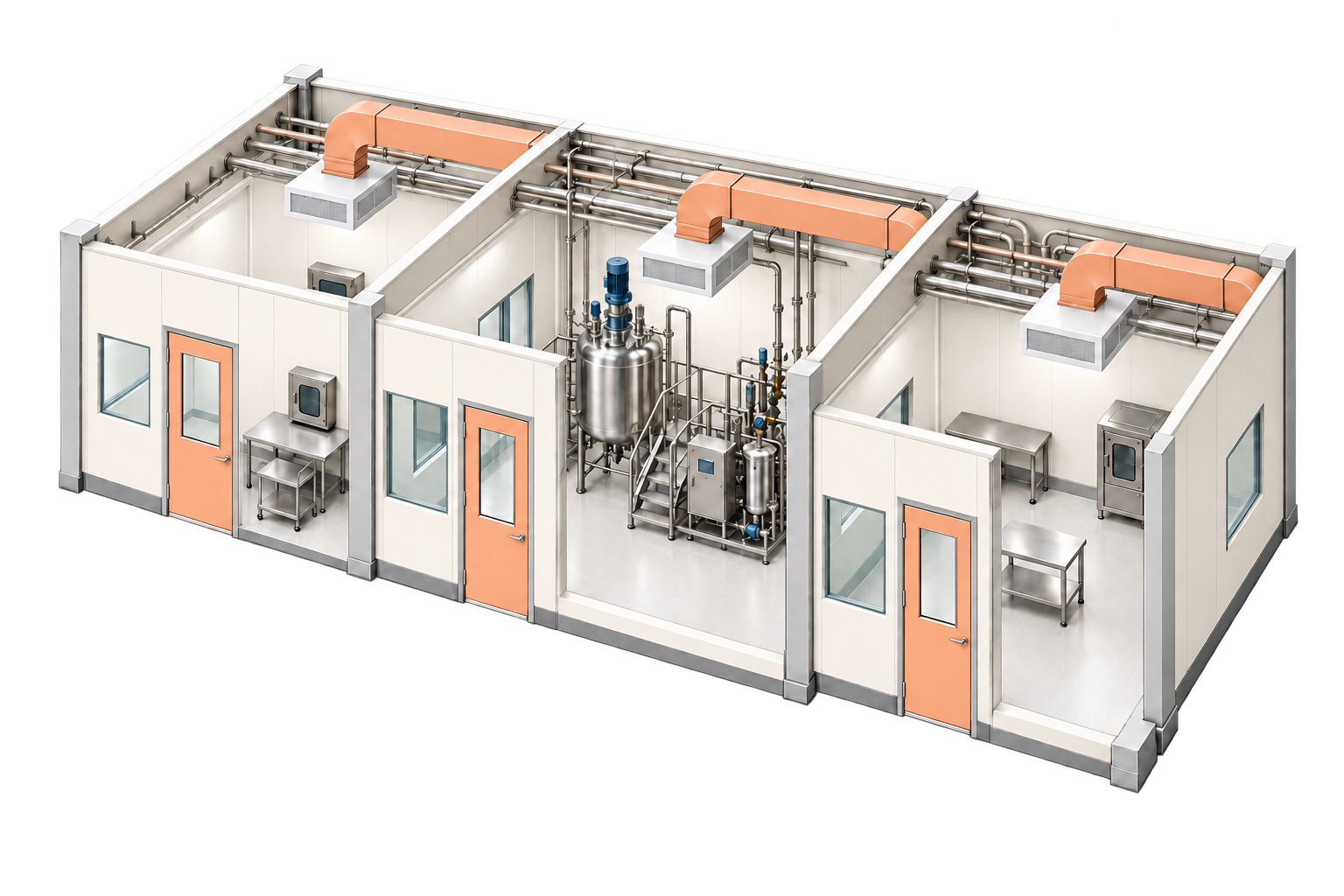 Isometric pharmaceutical facility showing coordinated rooms, HVAC, process equipment and utilities
